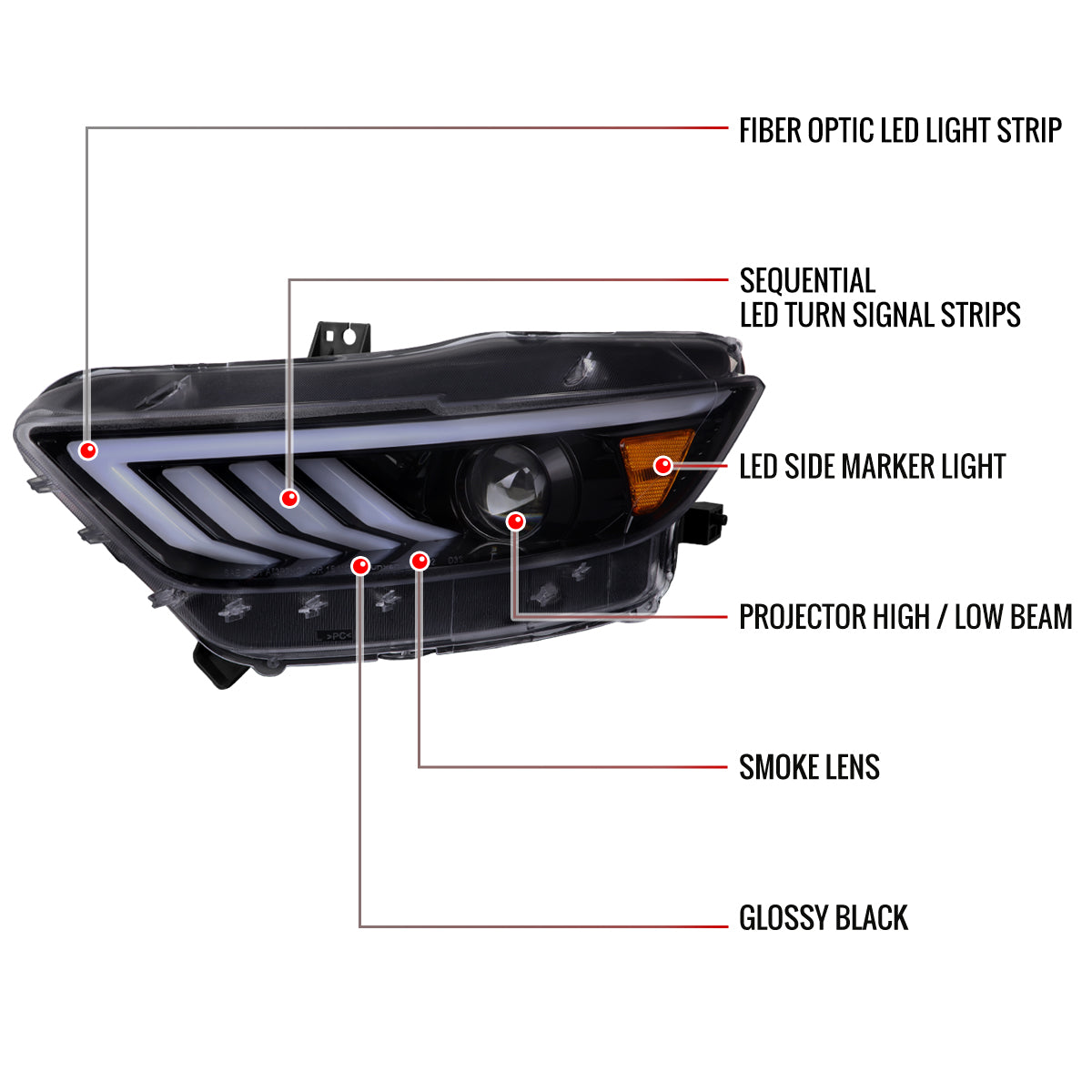 2015-2017 Ford Mustang HID-Type  LED Sequential Turn Signal Projector Headlights (Glossy Black Housing/Smoked Lens)