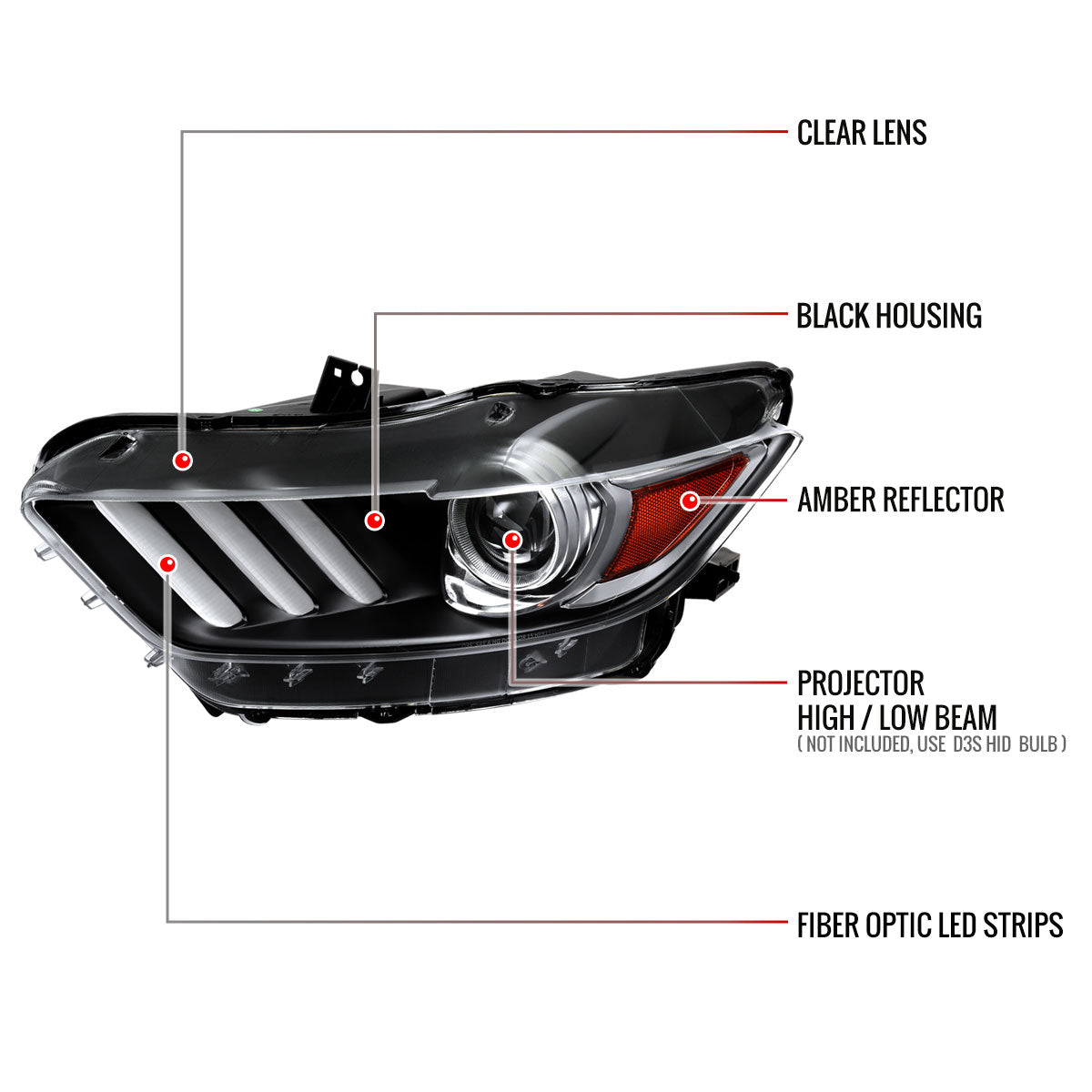 2015-2017 Ford Mustang / 2018-2020 Mustang Shelby LED Strip Xenon HID Projector Headlights - Driver Side Only (Matte Black Housing/Clear Lens)
