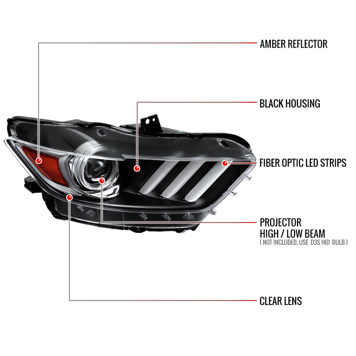 2015-2017 Ford Mustang / 2018-2020 Mustang Shelby LED Strip Xenon HID Projector Headlights - Passenger Side Only (Matte Black Housing/Clear Lens)