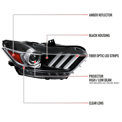 2015-2017 Ford Mustang / 2018-2020 Mustang Shelby LED Strip Xenon HID Projector Headlights - Passenger Side Only (Matte Black Housing/Clear Lens)