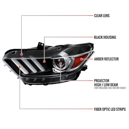 2015-2017 Ford Mustang / 2018-2020 Mustang Shelby LED Strip Xenon HID Projector Headlights (Matte Black Housing/Clear Lens)