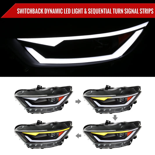 2015-2017 Ford Mustang/2018-2020 Mustang Shelby HID/Xenon Switchback Sequential LED Turn Signal Projector Headlights (Matte Black Housing/Clear Lens)