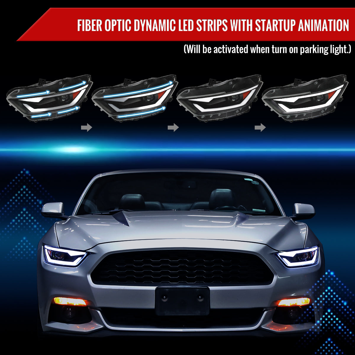 2015-2017 Ford Mustang/2018-2020 Mustang Shelby HID/Xenon Switchback Sequential LED Turn Signal Projector Headlights (Matte Black Housing/Clear Lens)