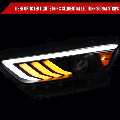 2015-2017 Ford Mustang HID-Type  LED Sequential Turn Signal Projector Headlights (Matte Black Housing/Clear Lens)