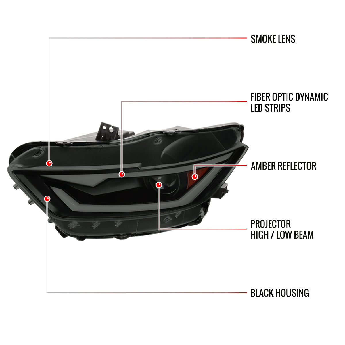 2015-2017 Ford Mustang / 2018-2020 Mustang Shelby LED Bar Xenon HID Projector Headlights (Black Housing/Smoked Lens)