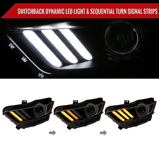 2015-2017 Ford Mustang HID/Xenon Switchback Sequential LED Turn Signal Projector Headlights (Matte Black Housing/Smoked Lens)