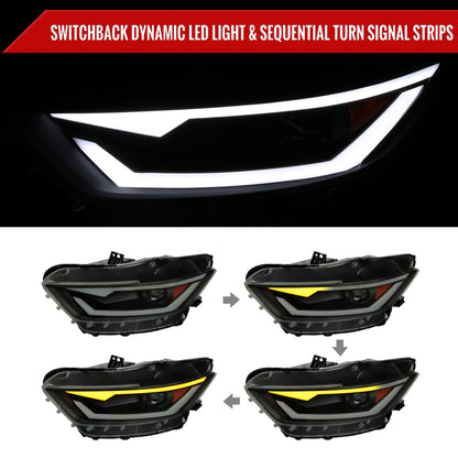 2015-2017 Ford Mustang/2018-2020 Mustang Shelby HID/Xenon Switchback Sequential LED Turn Signal Projector Headlights (Matte Black Housing/Smoked Lens)