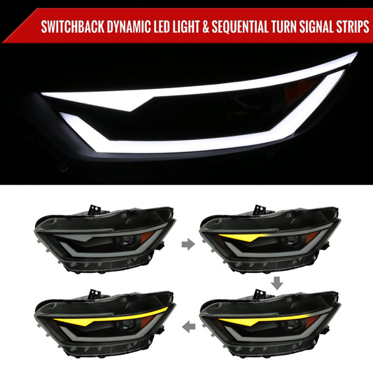 2015-2017 Ford Mustang/2018-2020 Mustang Shelby HID/Xenon Switchback Sequential LED Turn Signal Projector Headlights (Matte Black Housing/Smoked Lens)