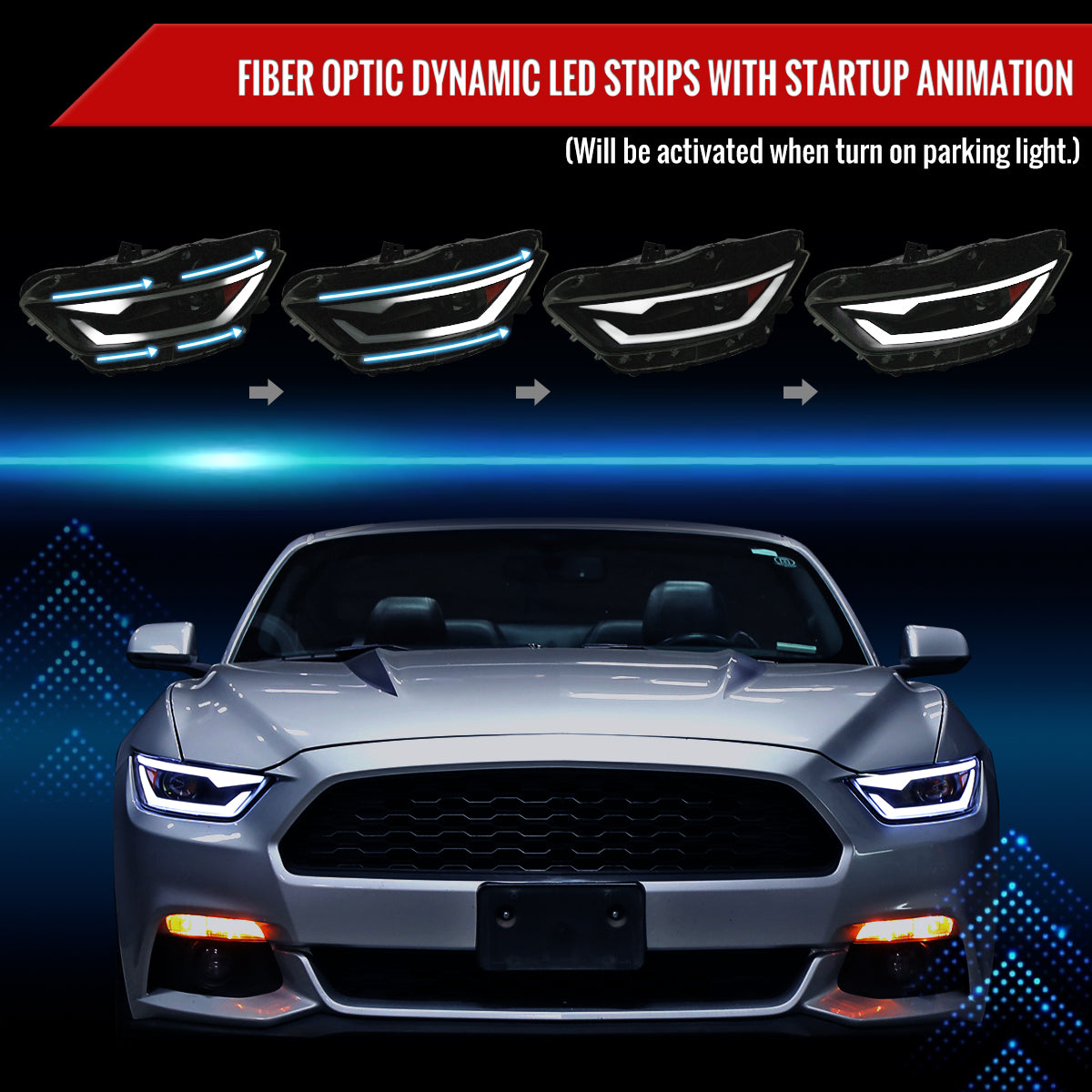 2015-2017 Ford Mustang/2018-2020 Mustang Shelby HID/Xenon Switchback Sequential LED Turn Signal Projector Headlights (Matte Black Housing/Smoked Lens)