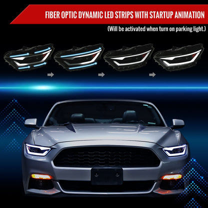 2015-2017 Ford Mustang/2018-2020 Mustang Shelby HID/Xenon Switchback Sequential LED Turn Signal Projector Headlights (Matte Black Housing/Smoked Lens)