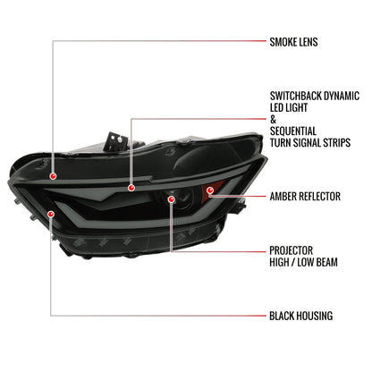 2015-2017 Ford Mustang/2018-2020 Mustang Shelby HID/Xenon Switchback Sequential LED Turn Signal Projector Headlights (Matte Black Housing/Smoked Lens)