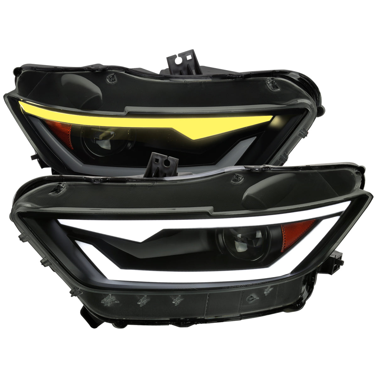2015-2017 Ford Mustang/2018-2020 Mustang Shelby HID/Xenon Switchback Sequential LED Turn Signal Projector Headlights (Matte Black Housing/Smoked Lens)