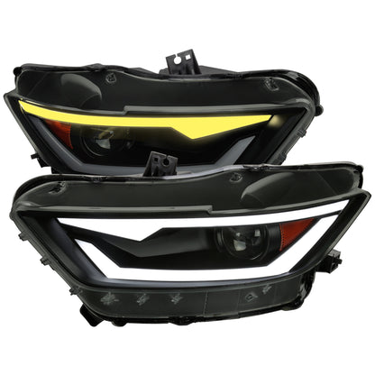 2015-2017 Ford Mustang/2018-2020 Mustang Shelby HID/Xenon Switchback Sequential LED Turn Signal Projector Headlights (Matte Black Housing/Smoked Lens)