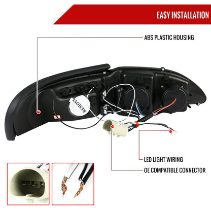 1994-1998 Ford Mustang Dual Halo Projector Headlights (Glossy Black Housing/Smoked Lens)
