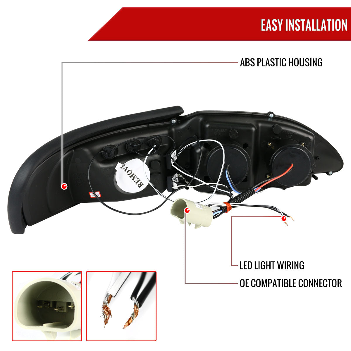 1994-1998 Ford Mustang Dual Halo V2 Projector Headlights (Glossy Black Housing/Smoked Lens)
