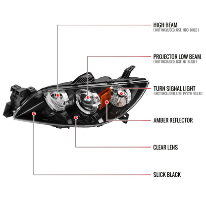 2004-2009 Mazda 3 Sedan Projector Style Headlights (Matte Black Housing/Clear Lens)