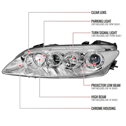 2003-2005 Mazda 6 Factory Style Projector Headlights (Chrome Housing/Clear Lens)