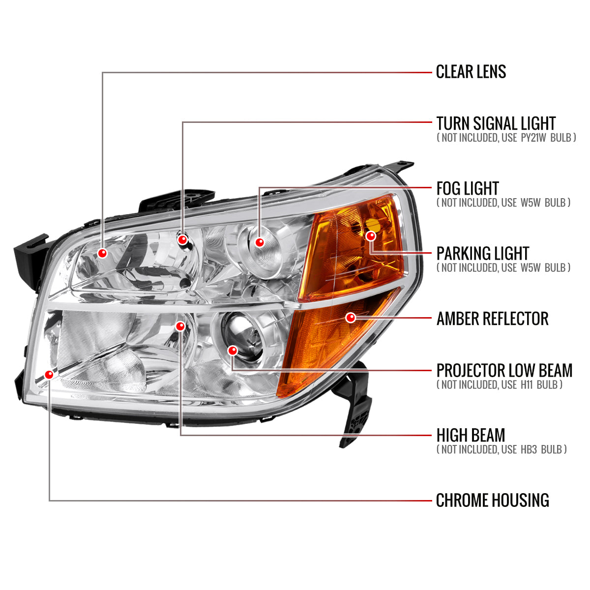 2006-2008 Honda Pilot Projector Style Headlights (Chrome Housing/Clear Lens)