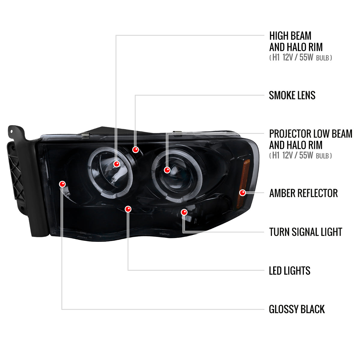 2002-2005 Dodge RAM 1500/ 2003-2005 RAM 2500 3500 Dual Halo Projector Headlights (Glossy Black Housing/Smoked Lens)