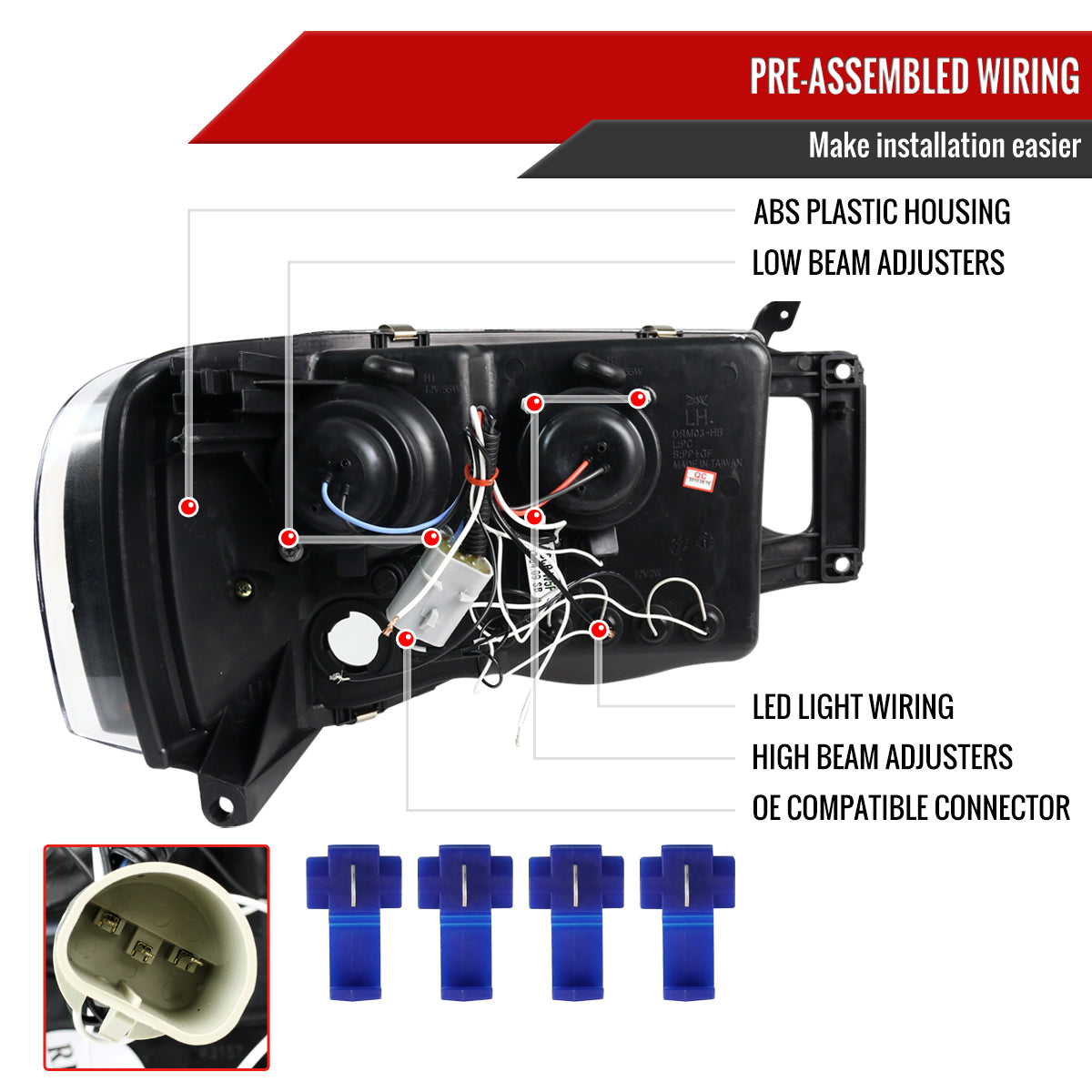 2002-2005 Dodge RAM 1500/ 2003-2005 RAM 2500 3500 Dual Halo Projector Headlights (Matte Black Housing/Clear Lens)