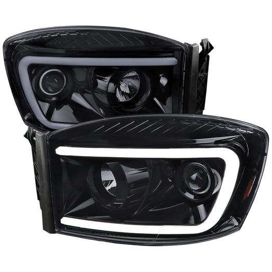 2006-2008 Dodge RAM 1500/ 2006-2009 2500 3500 Switchback LED C-Bar Projector Headlights (Glossy Black Housing/Smoked Lens)