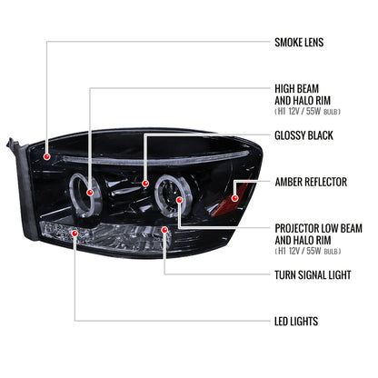 2006-2008 Dodge RAM 1500/ 2006-2009 RAM 2500 3500 Dual Halo Projector Headlights (Glossy Black Housing/Smoked Lens)