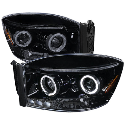 2006-2008 Dodge RAM 1500/ 2006-2009 RAM 2500 3500 Dual Halo Projector Headlights (Glossy Black Housing/Smoked Lens)