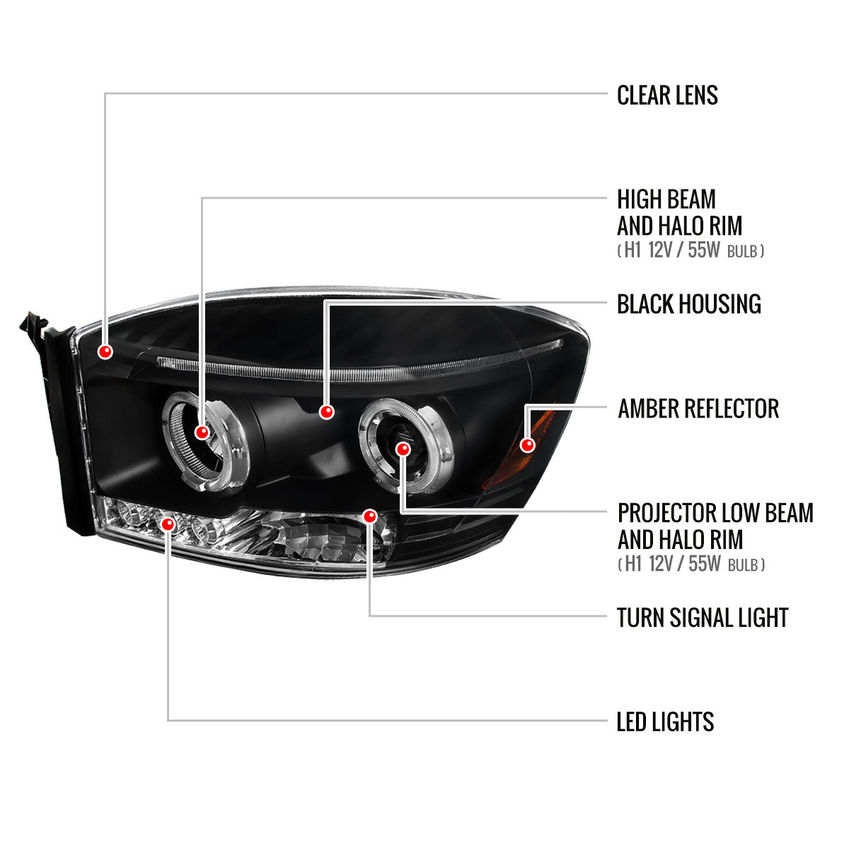 2006-2008 Dodge RAM 1500/ 2006-2009 RAM 2500 3500 Dual Halo Projector Headlights (Matte Black Housing/Clear Lens)