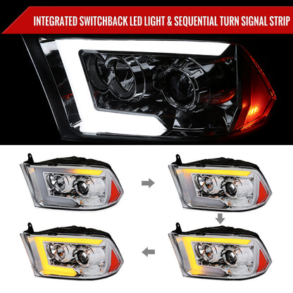 2009-2018 Dodge RAM 1500 / 2019-2021 RAM Classic / 2010-2018 RAM 2500 3500 Switchback Sequential LED C-Bar Projector Headlights (Chrome Housing/Clear Lens)