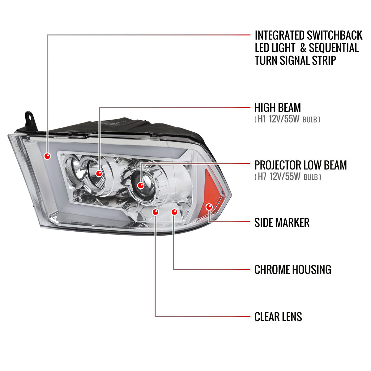 2009-2018 Dodge RAM 1500 / 2019-2021 RAM Classic / 2010-2018 RAM 2500 3500 Switchback Sequential LED C-Bar Projector Headlights (Chrome Housing/Clear Lens)