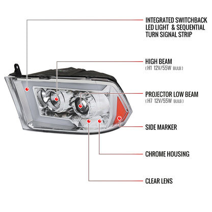 2009-2018 Dodge RAM 1500 / 2019-2021 RAM Classic / 2010-2018 RAM 2500 3500 Switchback Sequential LED C-Bar Projector Headlights (Chrome Housing/Clear Lens)