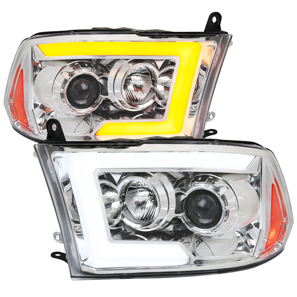 2009-2018 Dodge RAM 1500 / 2019-2021 RAM Classic / 2010-2018 RAM 2500 3500 Switchback Sequential LED C-Bar Projector Headlights (Chrome Housing/Clear Lens)