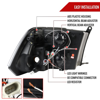 2009-2018 Dodge RAM 1500 / 2019-2021 RAM Classic / 2010-2018 RAM 2500 3500 Dual Halo Projector Headlights (Chrome Housing/Clear Lens)