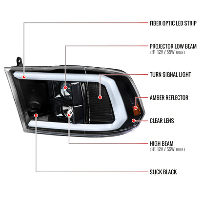 2009-2018 Dodge RAM 1500 / 2019-2021 RAM Classic / 2010-2018 RAM 2500 3500 LED C-Bar Projector Headlights (Jet Black Housing/Clear Lens)