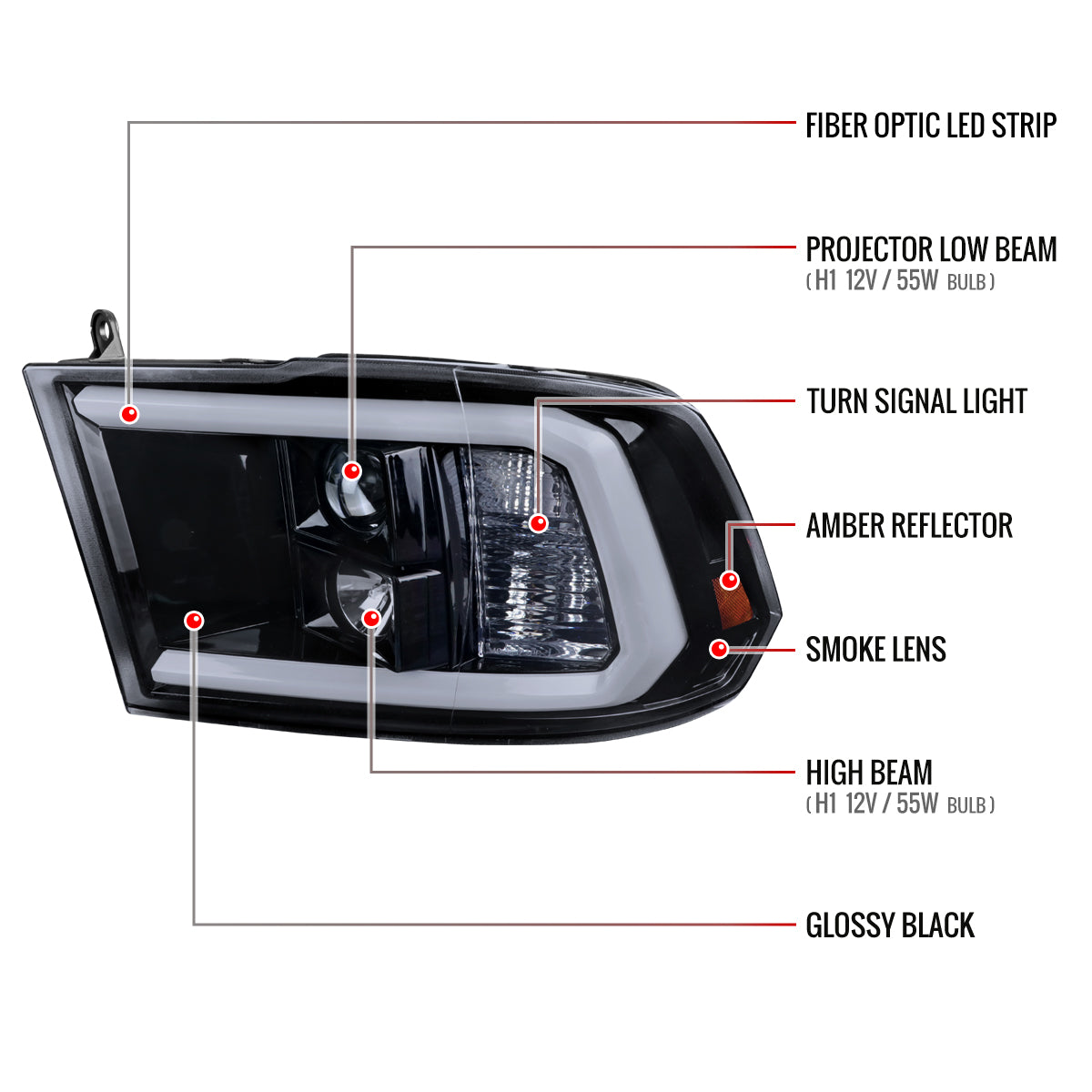 2009-2018 Dodge RAM 1500 / 2019-2021 RAM Classic / 2010-2018 2500 3500 LED C-Bar Projector Headlights (Glossy Black Housing/Smoked Lens)