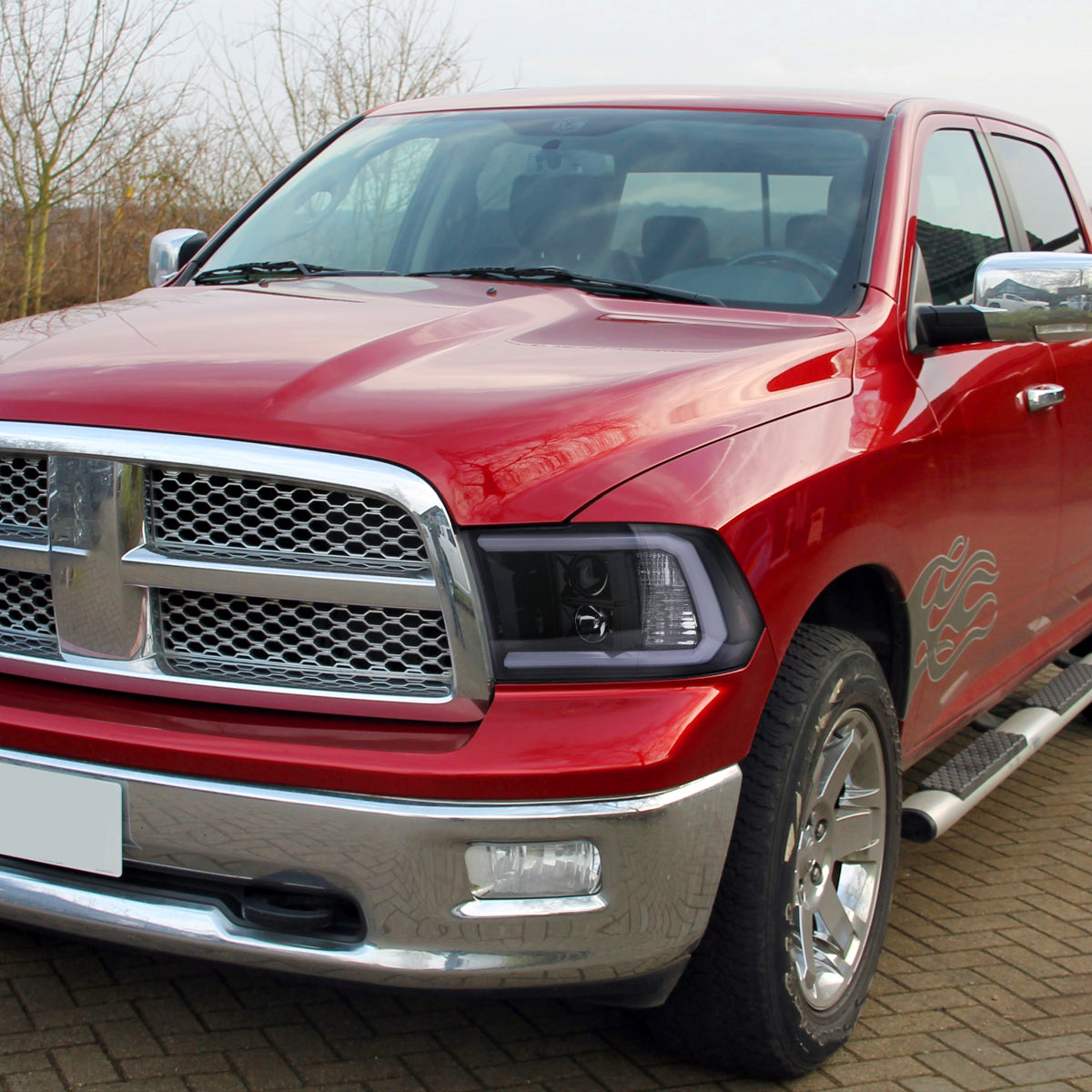 2009-2018 Dodge RAM 1500 / 2019-2021 RAM Classic / 2010-2018 2500 3500 LED C-Bar Projector Headlights (Glossy Black Housing/Smoked Lens)