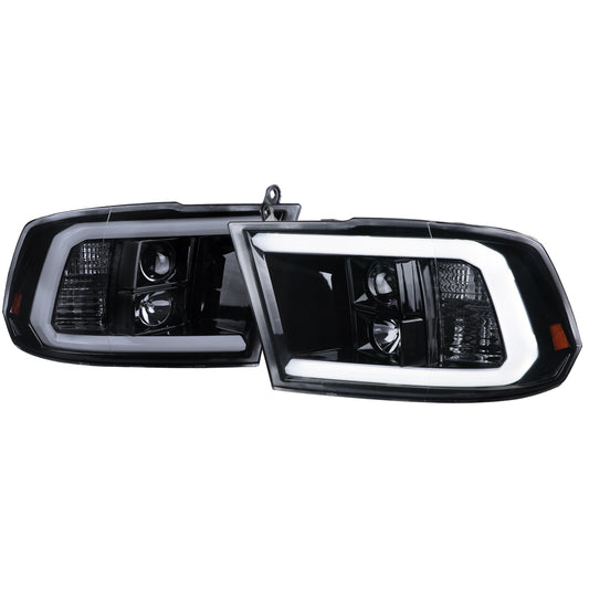 2009-2018 Dodge RAM 1500 / 2019-2021 RAM Classic / 2010-2018 2500 3500 LED C-Bar Projector Headlights (Glossy Black Housing/Smoked Lens)