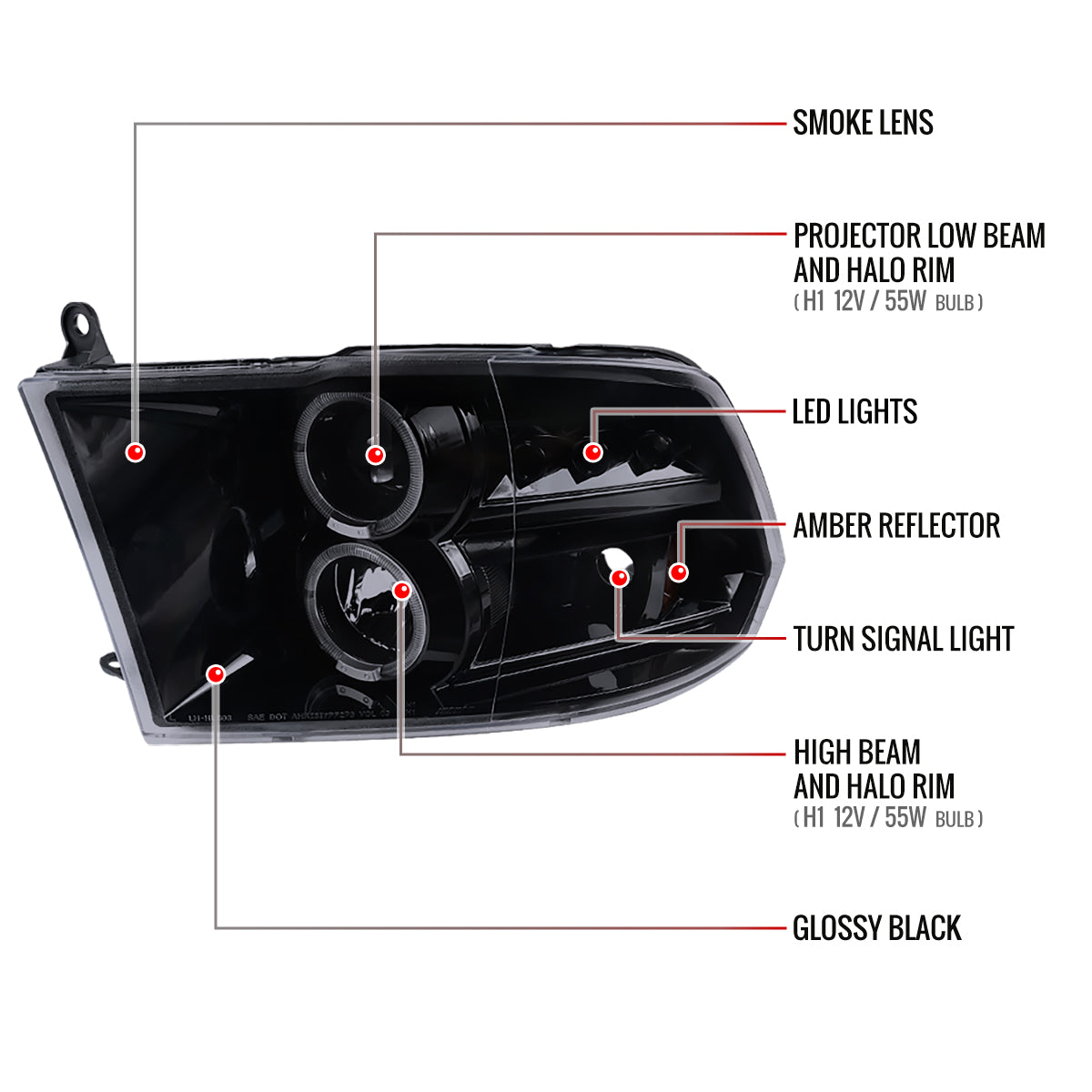 2009-2018 Dodge RAM 1500 / 2019-2021 RAM Classic / 2010-2018 RAM 2500 3500 Dual Halo Projector Headlights (Glossy Black Housing/Smoked Lens)