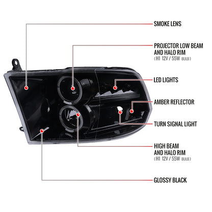 2009-2018 Dodge RAM 1500 / 2019-2021 RAM Classic / 2010-2018 RAM 2500 3500 Dual Halo Projector Headlights (Glossy Black Housing/Smoked Lens)
