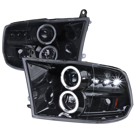 2009-2018 Dodge RAM 1500 / 2019-2021 RAM Classic / 2010-2018 RAM 2500 3500 Dual Halo Projector Headlights (Glossy Black Housing/Smoked Lens)