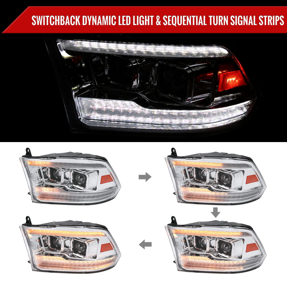 2009-2018 Dodge RAM 1500  / 2019-2021 RAM Classic / 2010-2018 RAM 2500 3500 Switchback Sequential Projector Headlights (Chrome Housing/Clear Lens)