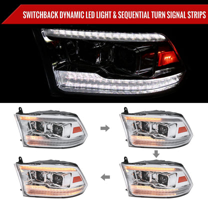 2009-2018 Dodge RAM 1500  / 2019-2021 RAM Classic / 2010-2018 RAM 2500 3500 Switchback Sequential Projector Headlights (Chrome Housing/Clear Lens)