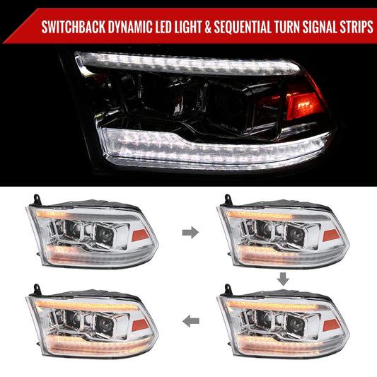 2009-2018 Dodge RAM 1500  / 2019-2021 RAM Classic / 2010-2018 RAM 2500 3500 Switchback Sequential Projector Headlights (Chrome Housing/Clear Lens)