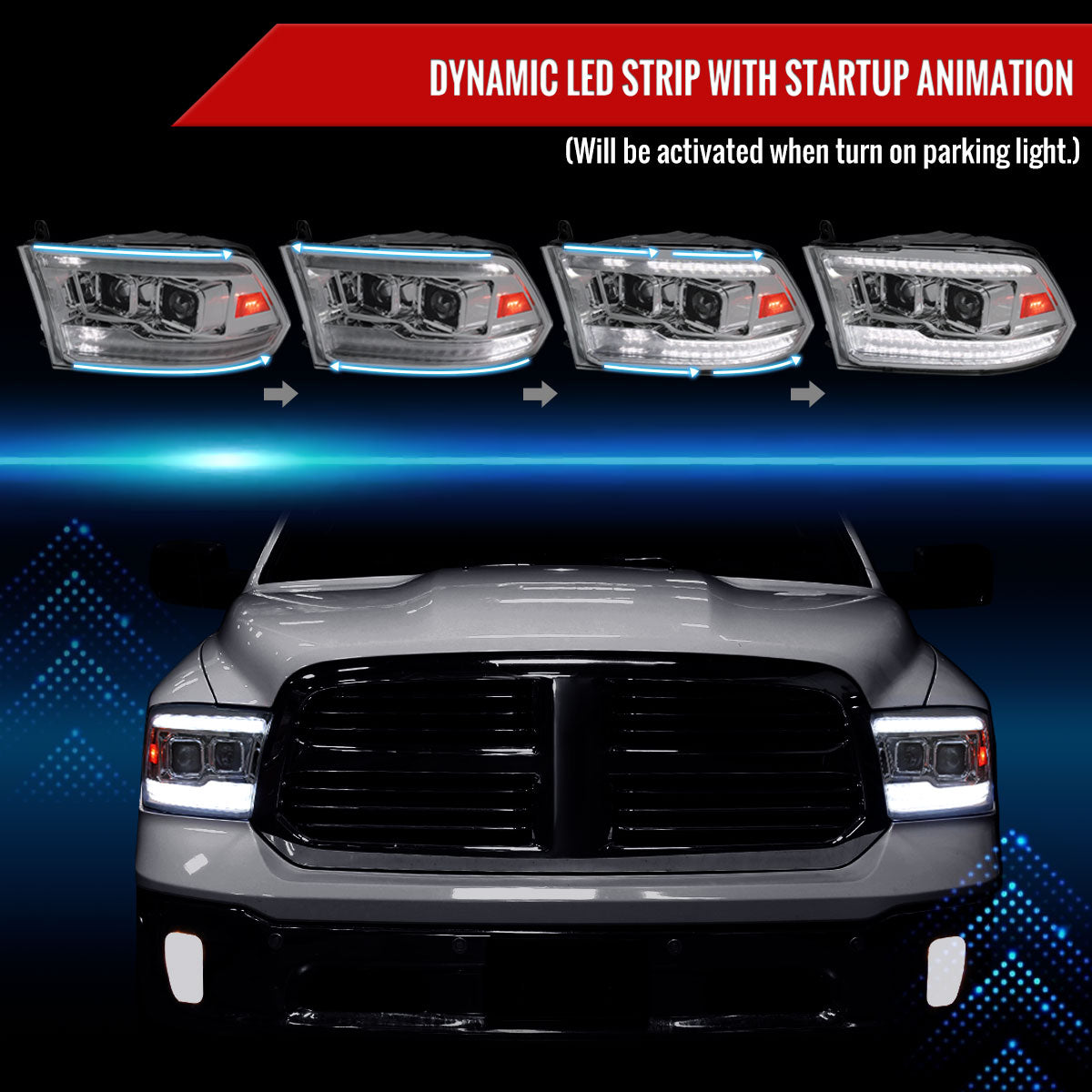 2009-2018 Dodge RAM 1500  / 2019-2021 RAM Classic / 2010-2018 RAM 2500 3500 Switchback Sequential Projector Headlights (Chrome Housing/Clear Lens)