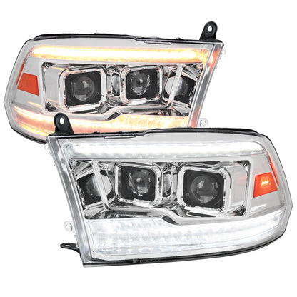 2009-2018 Dodge RAM 1500  / 2019-2021 RAM Classic / 2010-2018 RAM 2500 3500 Switchback Sequential Projector Headlights (Chrome Housing/Clear Lens)