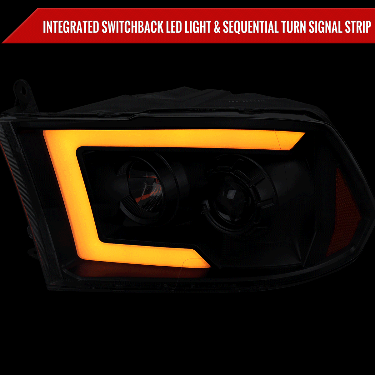 2009-2018 Dodge RAM 1500 / 2019-2021 RAM Classic/ 2010-2018 RAM 2500 3500 Switchback Sequential LED C-Bar Projector Headlights (Matte Black Housing/Clear Lens)