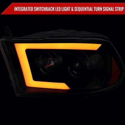 2009-2018 Dodge RAM 1500 / 2019-2021 RAM Classic/ 2010-2018 RAM 2500 3500 Switchback Sequential LED C-Bar Projector Headlights (Matte Black Housing/Clear Lens)