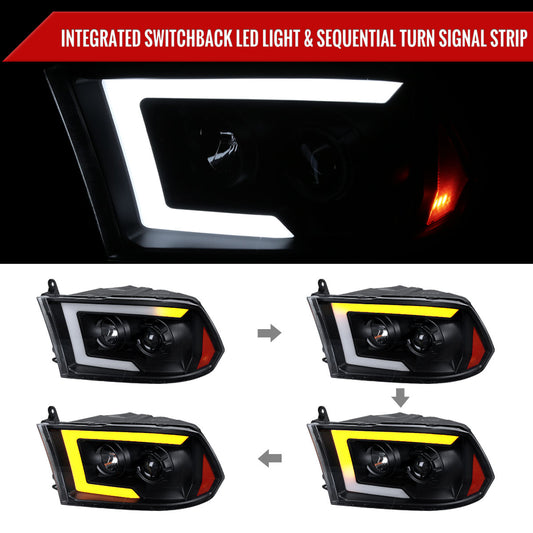 2009-2018 Dodge RAM 1500 / 2019-2021 RAM Classic/ 2010-2018 RAM 2500 3500 Switchback Sequential LED C-Bar Projector Headlights (Matte Black Housing/Clear Lens)
