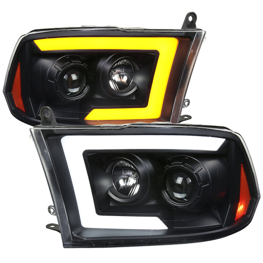 2009-2018 Dodge RAM 1500 / 2019-2021 RAM Classic/ 2010-2018 RAM 2500 3500 Switchback Sequential LED C-Bar Projector Headlights (Matte Black Housing/Clear Lens)