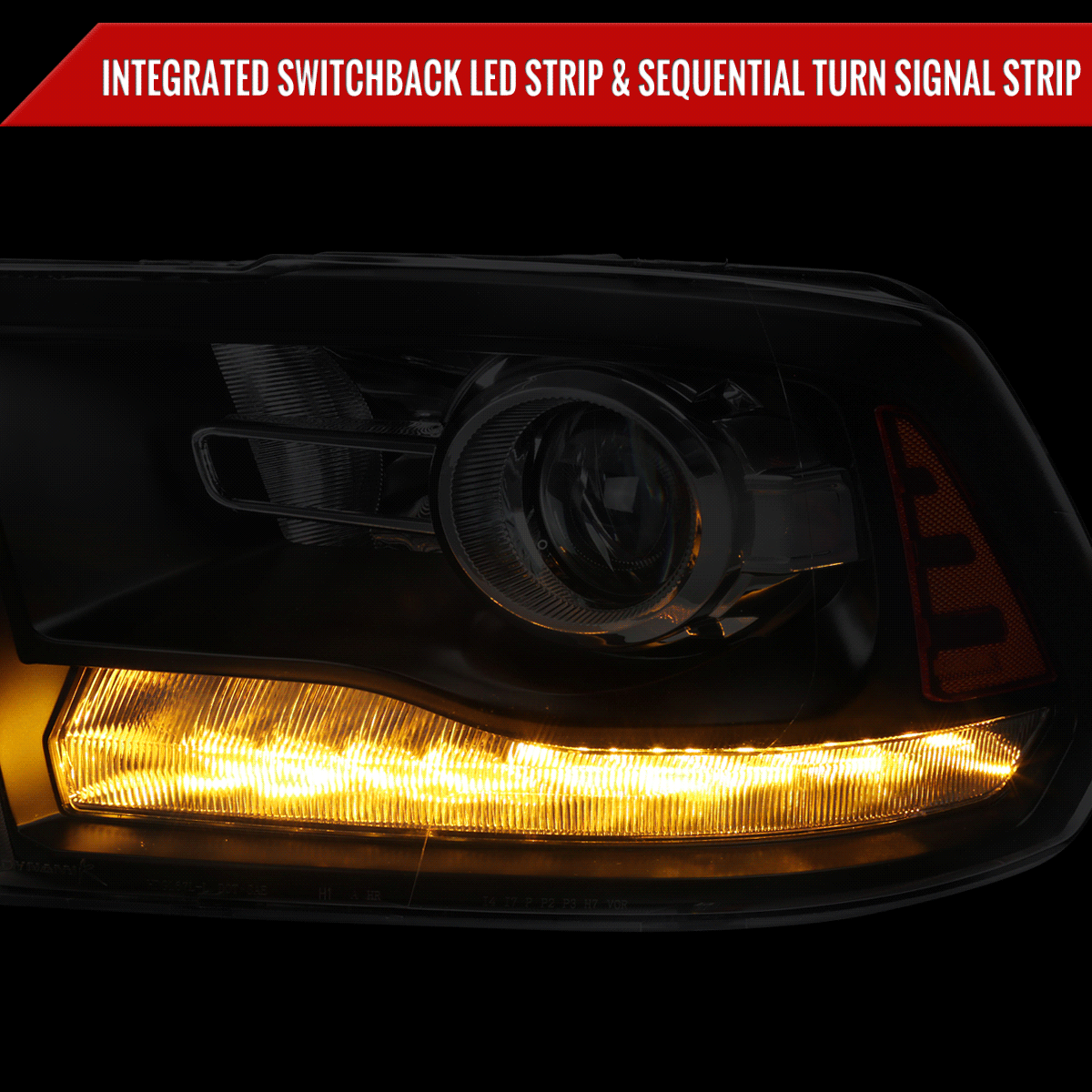 2009-2018 Dodge RAM 1500 / 2019-2021 RAM Classic / 2010-2018 RAM 2500 3500 Switchback Sequential LED Bar Projector Headlights (Matte Black Housing/Clear Lens)
